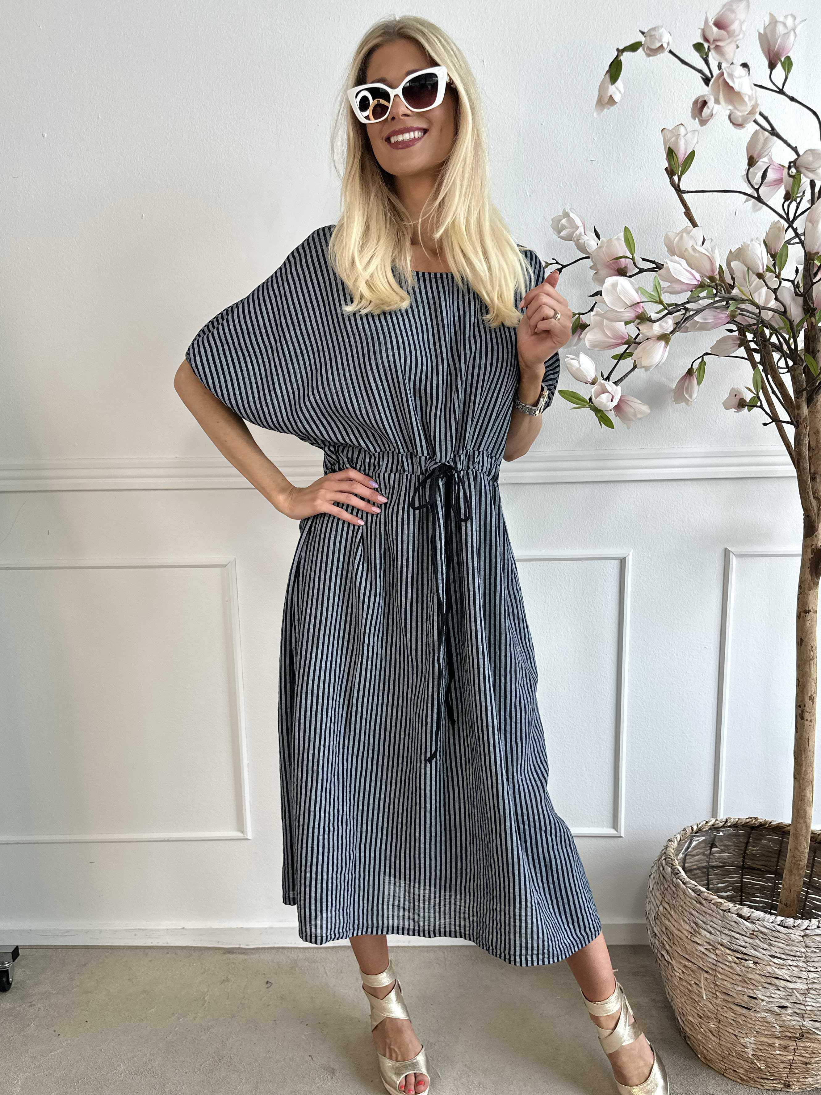 Ellie - Lång bomullsklänning med knytband i midjan